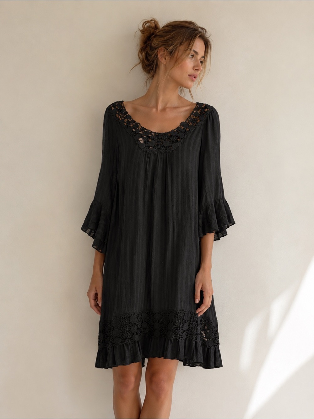 Molio Relio Black Crochet Trim Boho Knee-Length Dress Size M